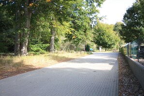 A paved pathway flanked by trees and a fence, leading to a distant structure. - Kormoran 313 - Holiday Park Streckelsberg * 10 min. To the Baltic Sea beach * (Koserow (Seebad))