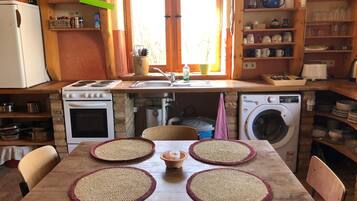 Eine kleine Küche mit Herd, Backofen, Spüle und Waschmaschine.