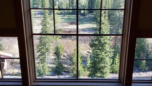 A window with a view of a forested area, including trees and a grassy field. - Ski Heaven,  Ski in, Ski out Big Sky Mtn Village Home with Hot Tub (Big Sky)