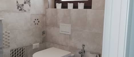 Shower, hair dryer, bidet, towels