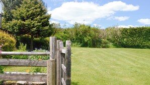 A wooden gate leading to a grassy field with a stone wall and trees in the background. - Mountain View-UK11825 (Sarnau, near Brecon)