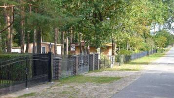 A residential street lined with trees and a gated fence.