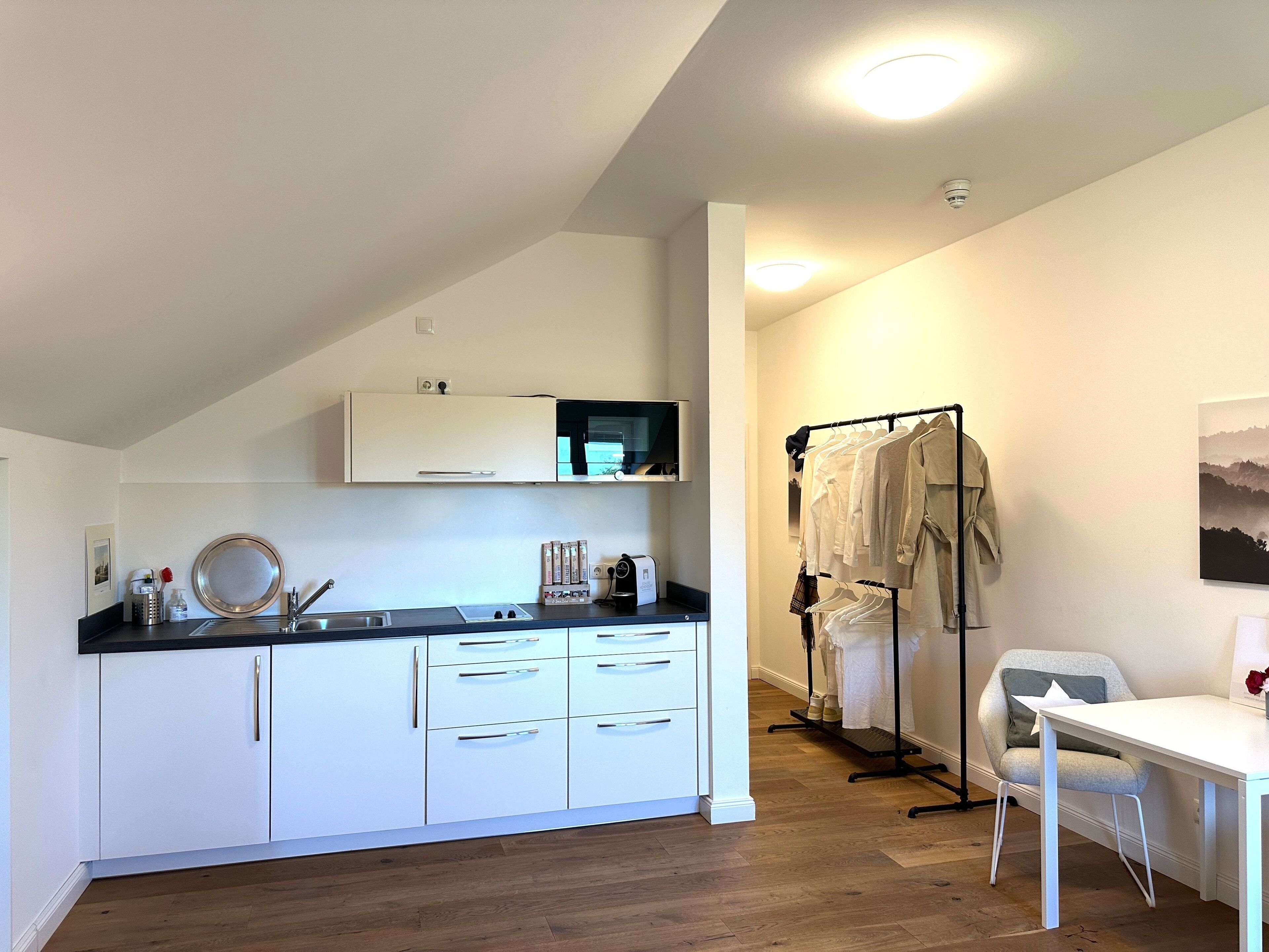 Fridge, microwave, electric kettle, toaster