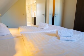 Ein Hotelzimmer mit zwei Betten, einer Duschkabine und einer Tür zu einem weiteren Raum.