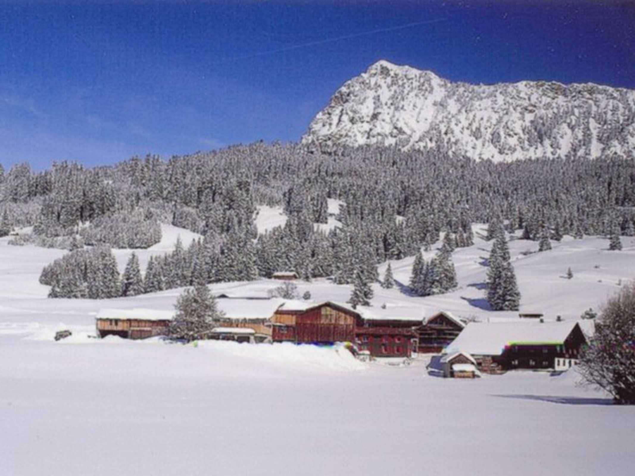 Eine verschneite Berglandschaft mit einer Hütte und einem Berg im Hintergrund.