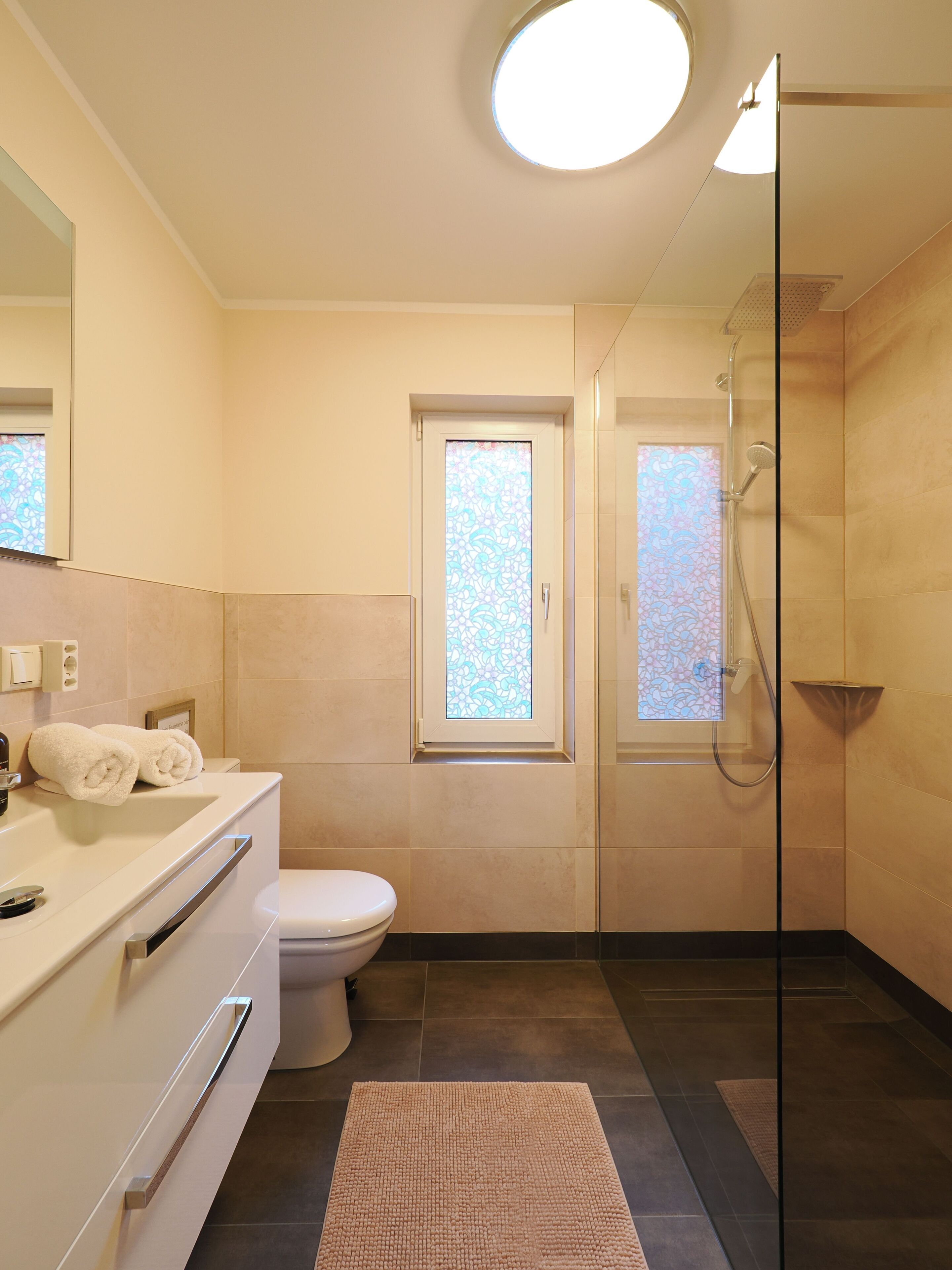 Hair dryer, towels, soap, toilet paper