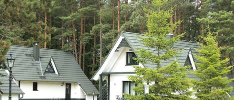 A row of white cabins with dark roofs, surrounded by a forest.