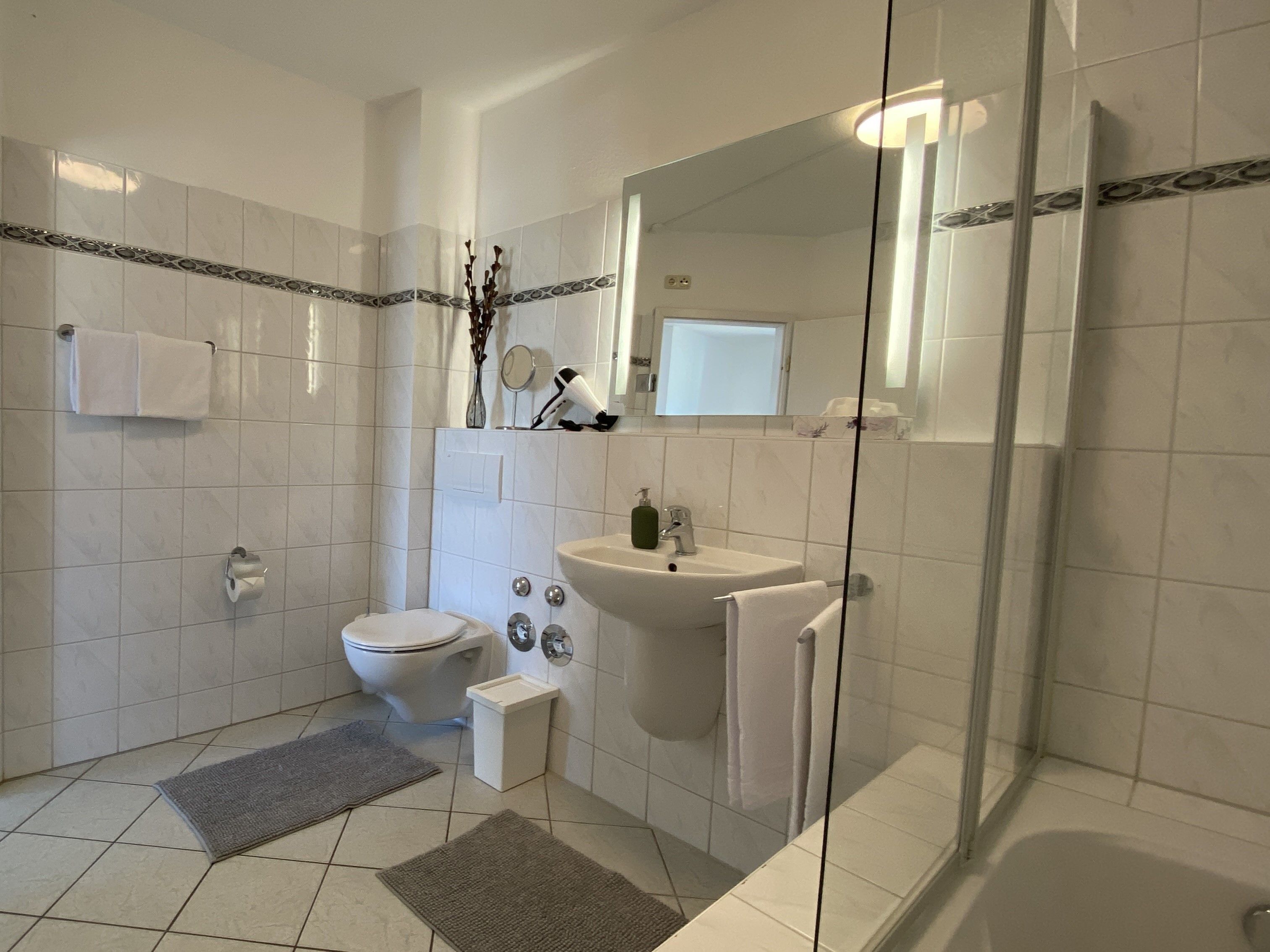 Dusche, Haartrockner, Handtücher, Seife