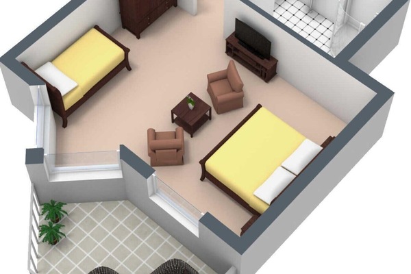 Der Grundriss des Familienzimmers vom Typ PG mit Balkon/Terrasse in der Pension Maiglöckchen, in 3D.