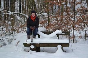 Une personne assise sur un banc dans une forêt enneigée.