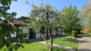 Un edificio tradicional con tejado de baldosas, rodeado de un césped cuidado y un árbol con flores blancas.