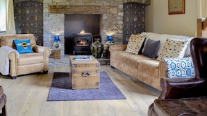 A cozy living room with a stone fireplace, leather furniture, and a decorative wall of beetles.