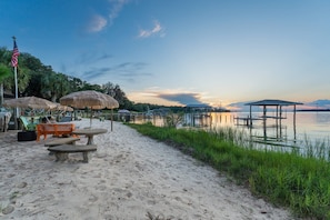 On the beach, sun-loungers, beach towels