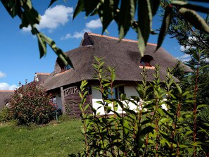 A traditional thatched-roof house with a wooden door and a small window, surrounded by greenery. - Holiday home Type V - Van der Valk Resort Linstow (Dobbin-Linstow)