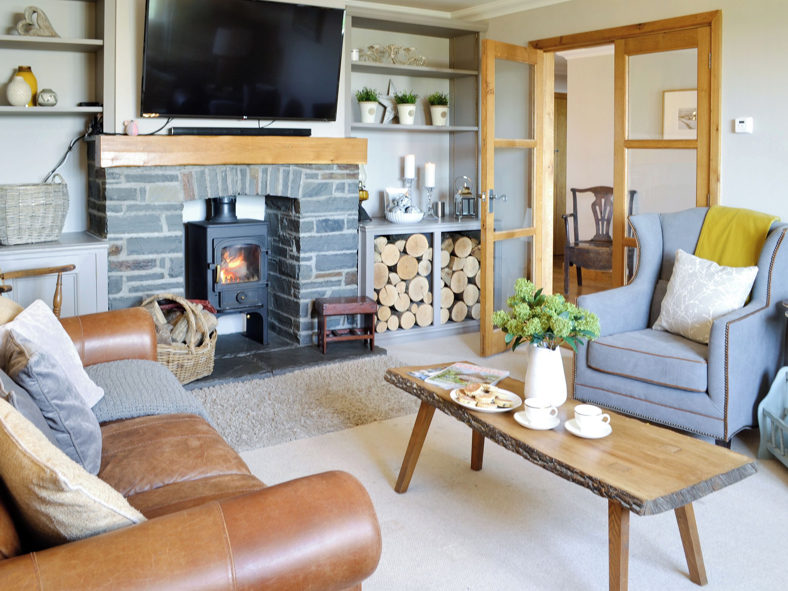 TV, fireplace