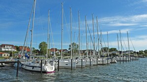 A marina with multiple sailboats docked.