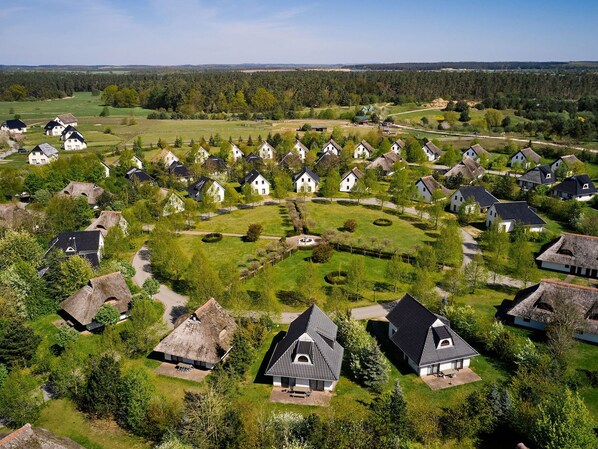 A village with traditional houses, a central green space, and a thatched-roof building.