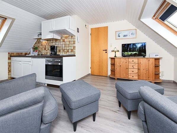 A compact living space with a kitchenette, grey upholstered seating, a wooden cabinet, and a television.