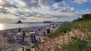 Une plage avec des rangées de chaises de plage numérotées et une jetée en arrière-plan.