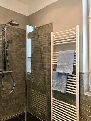Shower, hair dryer, towels, soap
