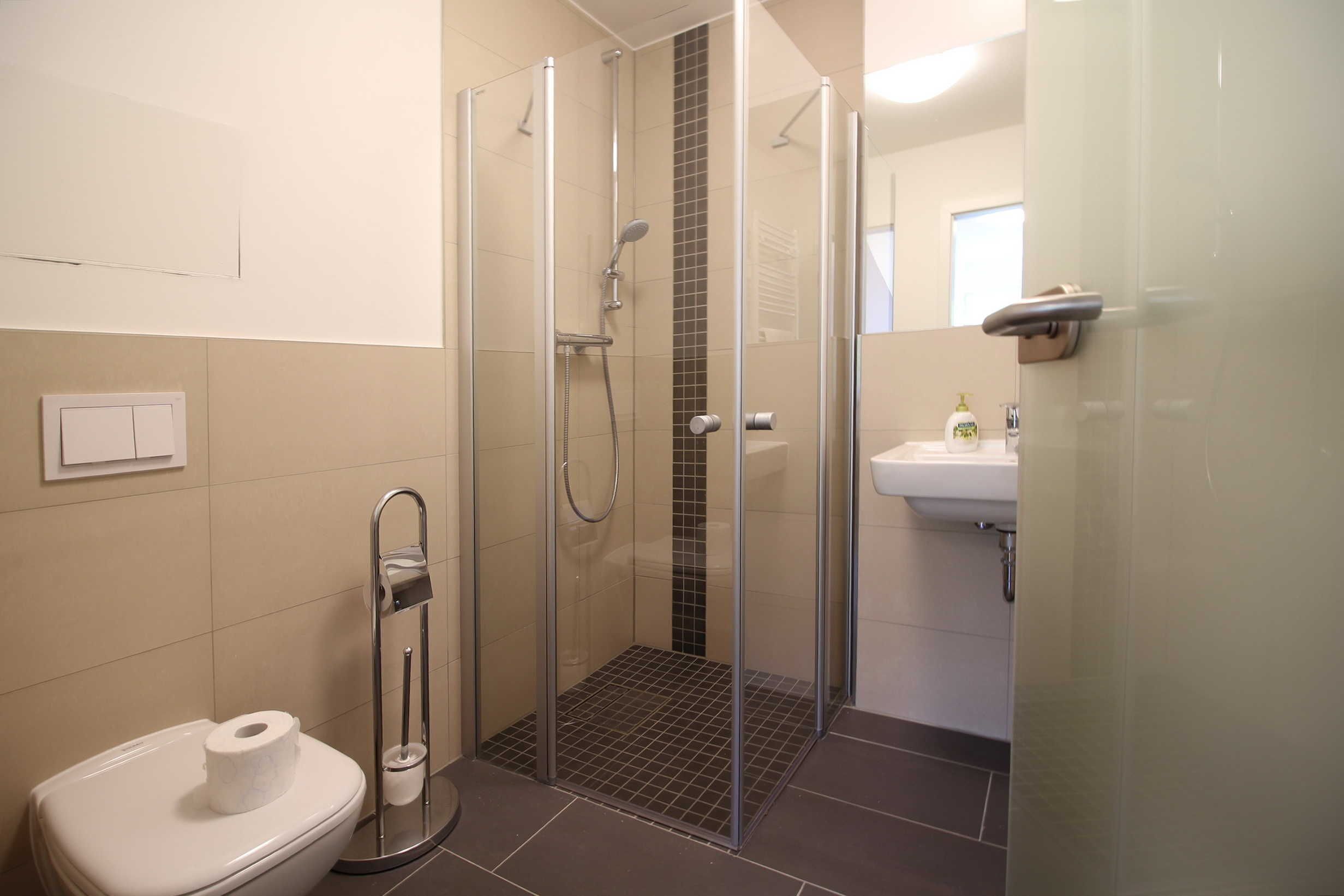 Dusche, Haartrockner, Handtücher, Seife