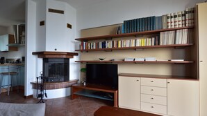 Un salon avec une cheminée, un téléviseur et une bibliothèque remplie de livres.