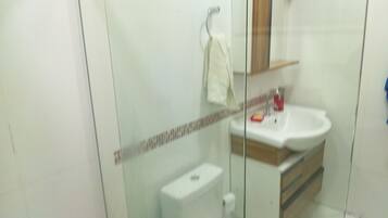 A bathroom with a glass shower enclosure, a white sink, and a toilet.