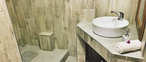 A bathroom with a large sink, a mirror, and a shower area.