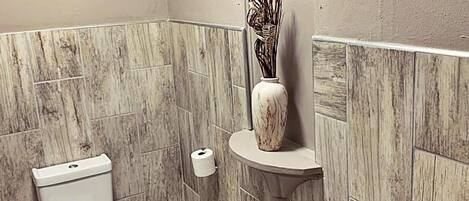 Un bagno con il water, un lavabo in marmo e uno specchio.