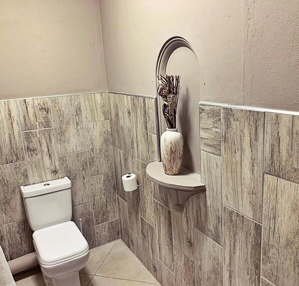 Une salle de bain avec des toilettes, un lavabo en marbre et un miroir.