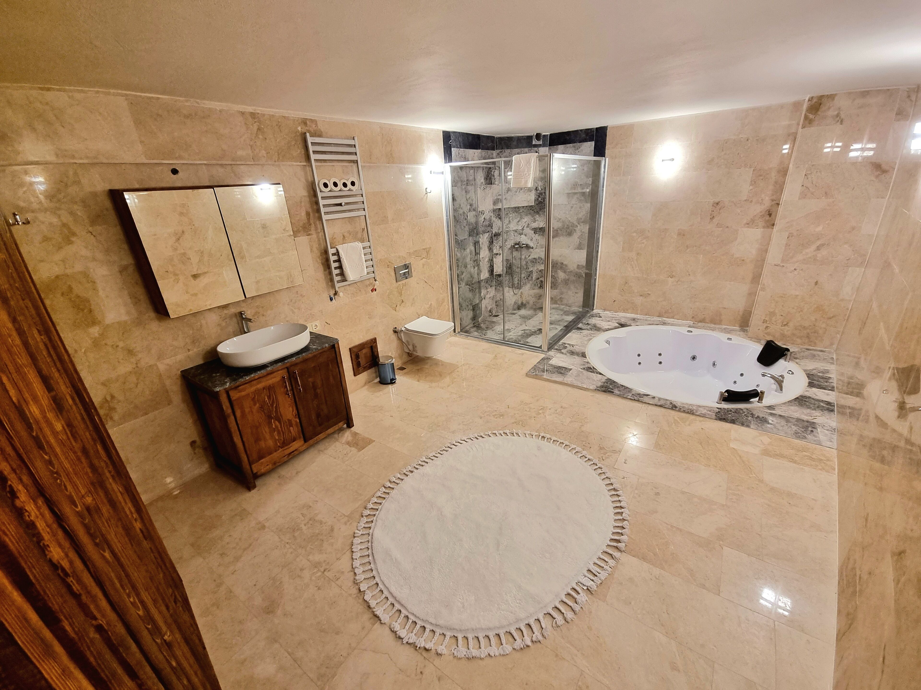 A modern bathroom with a large bathtub, a separate shower area, a vanity with a sink, and a round rug on the floor.