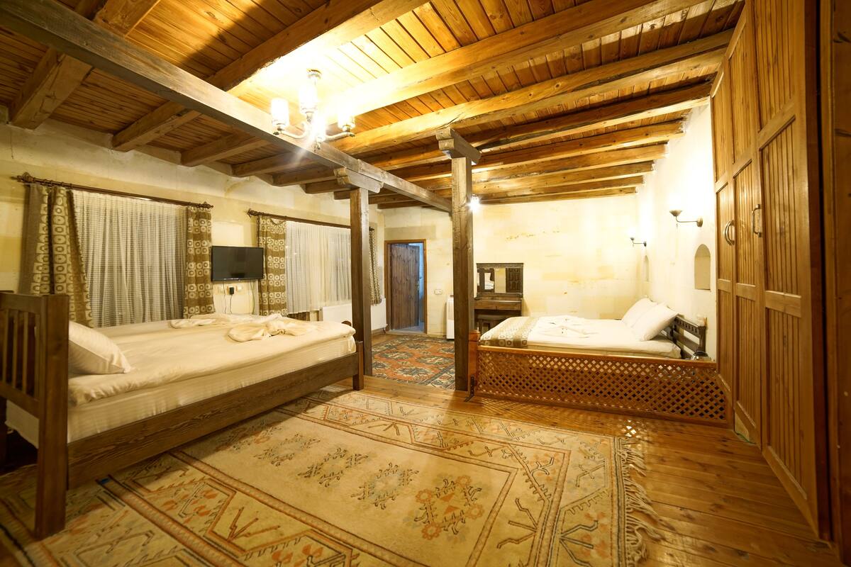 A traditional room with two wooden beds, a television, and a patterned rug.