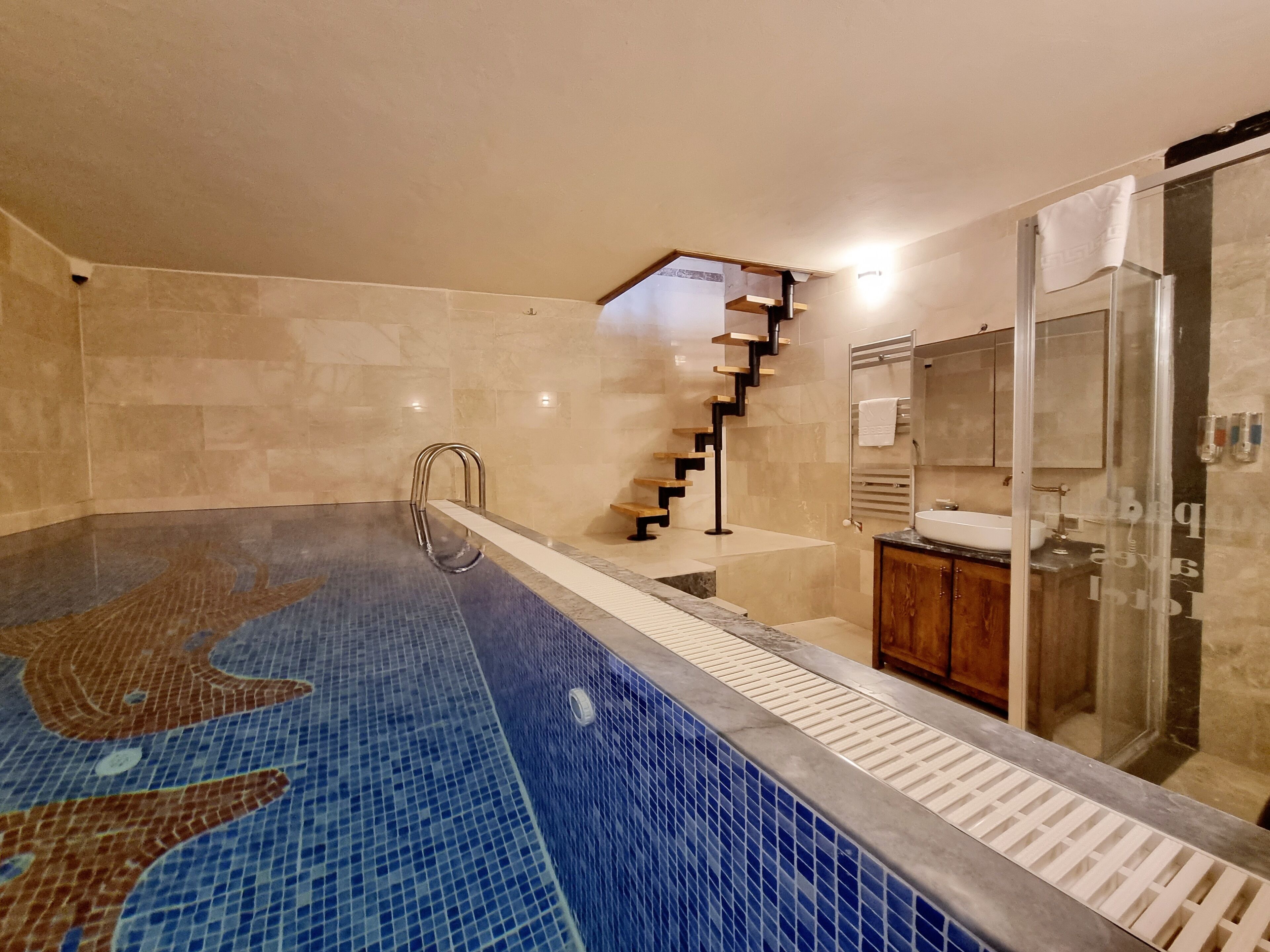 Una piscina con diseño en mosaico, una escalera de madera y un baño moderno con cabina de ducha de vidrio.