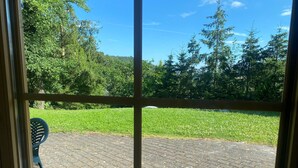 En vy genom ett fönster med en innergård i tegel, en grön gräsmatta och träd.