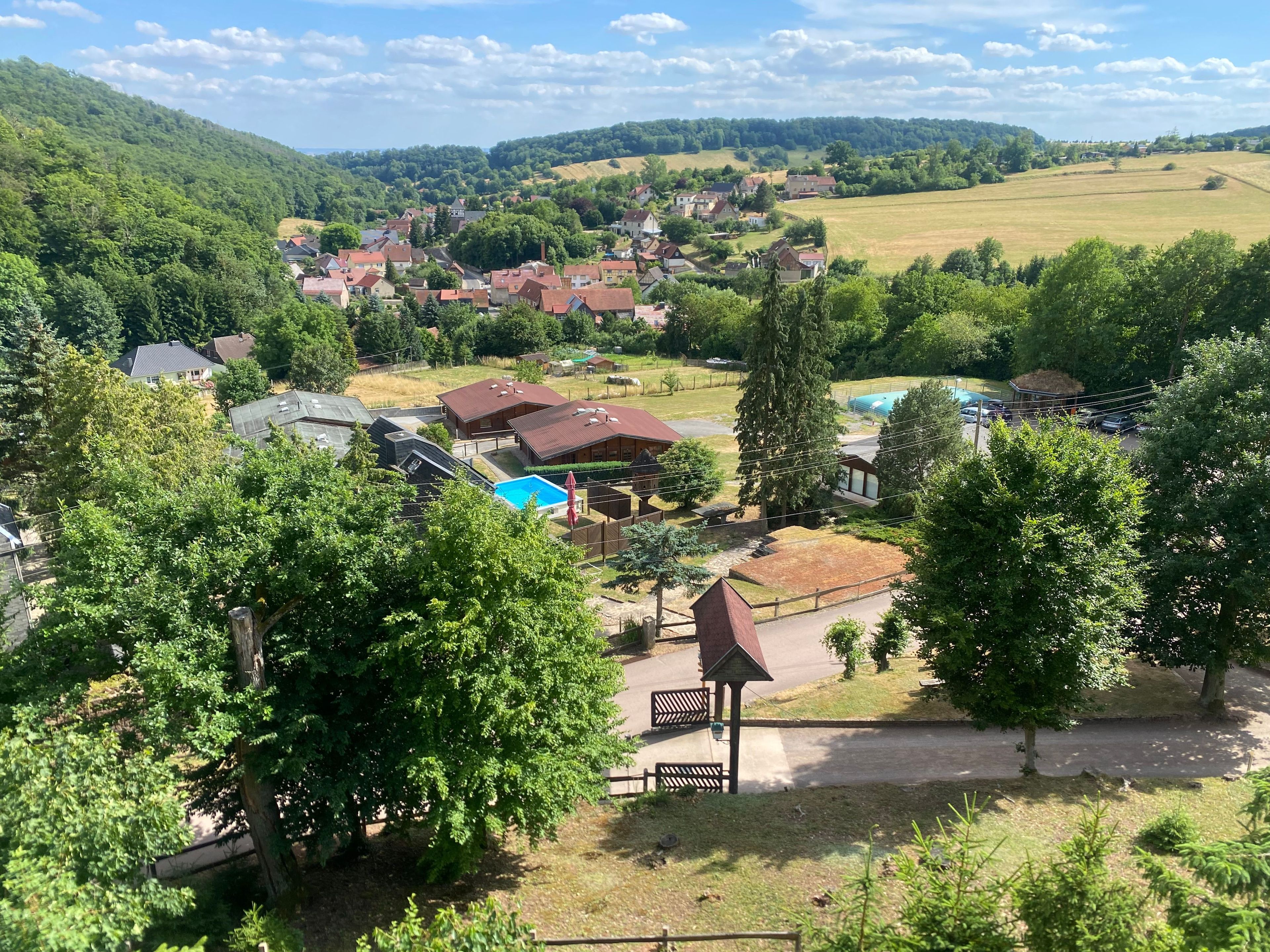 A residential area with houses, a swimming pool, and a small pavilion.