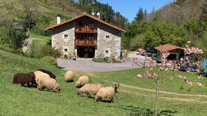 A stone building with a balcony, surrounded by a grassy area and sheep. - Bekozu Apartment, Urresti (Gautegiz Arteaga)