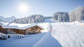 Un paysage de montagne enneigé, avec un bâtiment en bois portant l’inscription « RUFANALP » et une piste de ski.