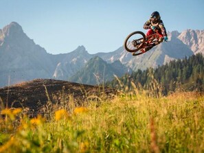 Un ciclista de montaña en el aire sobre un campo cubierto de hierba, con montañas al fondo.