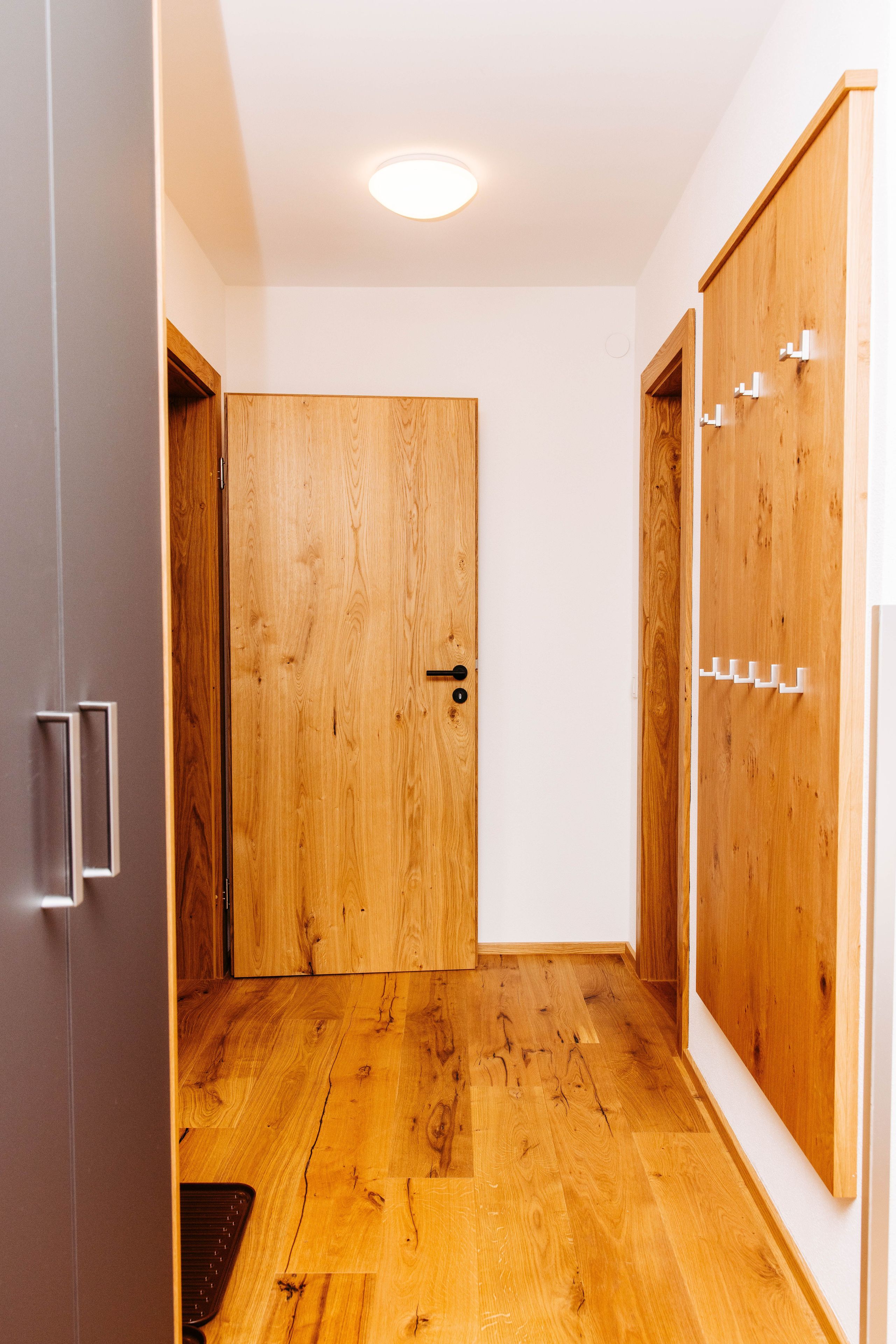 A hallway with wooden flooring, a door with a handle, and a closet with metal hooks.