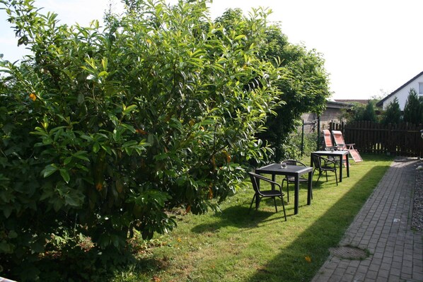 Un jardín con un sendero empedrado, cerca de madera y una mesa con sillas.