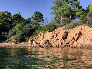 Plage à proximité, chaises longues, serviettes de plage
