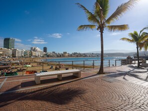 A beachside promenade with a bench, palm trees, and a view of the beach and cityscape. - Castle and Park view By CanariasGetaway (Las Palmas de Gran Canaria)
