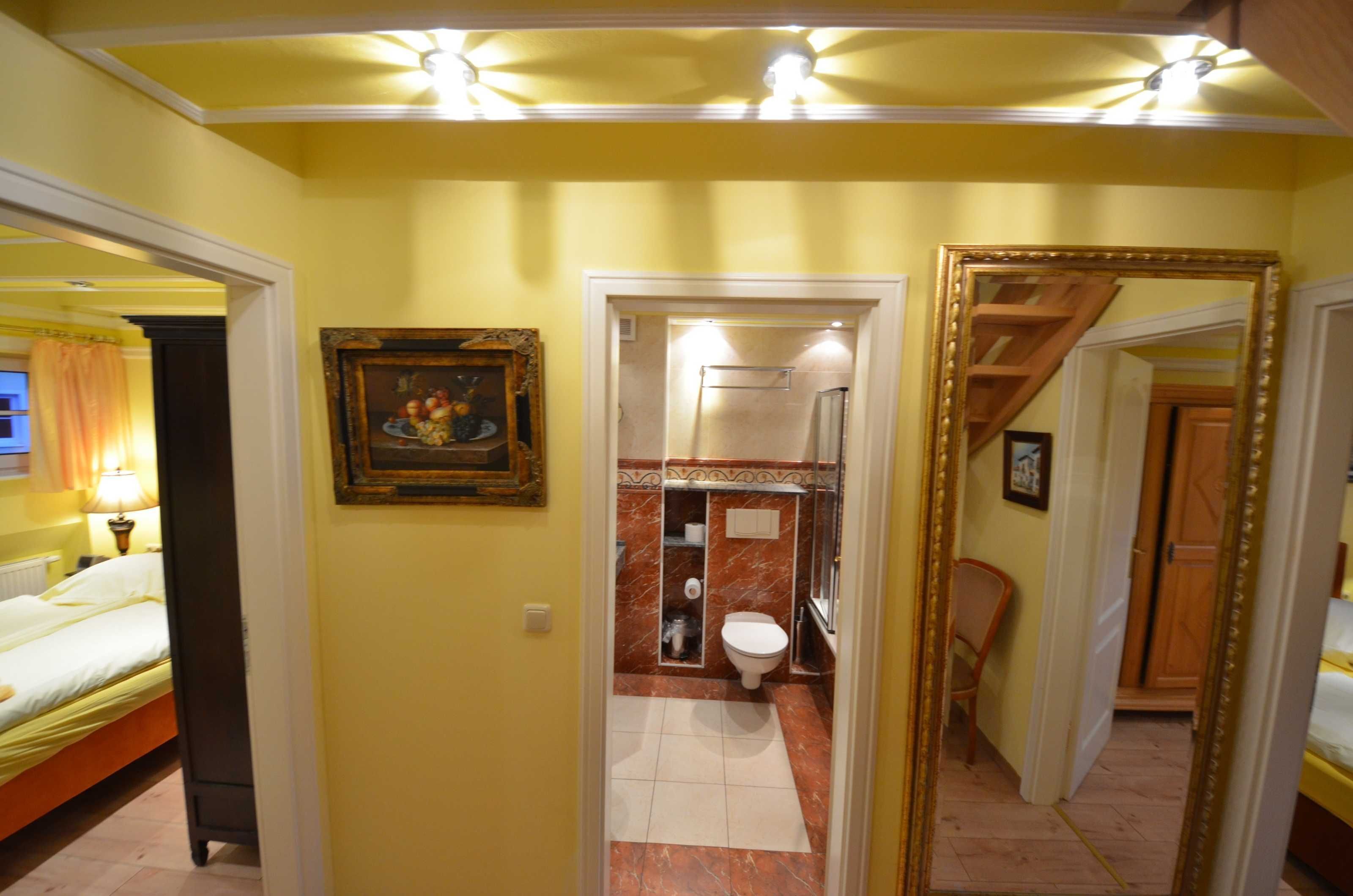 A hotel room with a bed, a bathroom with a toilet and sink, and a mirror.