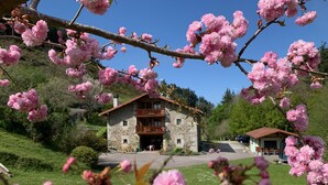 A stone building with a balcony, surrounded by lush greenery and blooming pink flowers. - Txoritoki Apartment, Urresti (Gautegiz Arteaga)