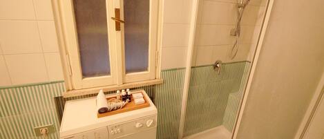 Ett litet badrum med tvättmaskin, dusch och toalett.