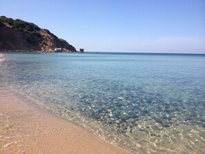 A clear beach with visible rocks and a distant building on a cliff. - Studioflat 1 - Residenza Su Prelau Residence - Sardinia South West Coast (Gonnesa)