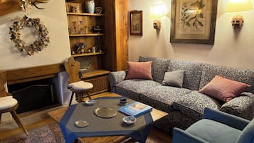 TV, fireplace, books