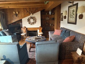Télévision, cheminée, livres
