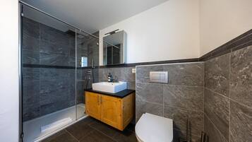 Een moderne badkamer met een douchecabine van glas, een houten wastafelmeubel en een wit toilet.