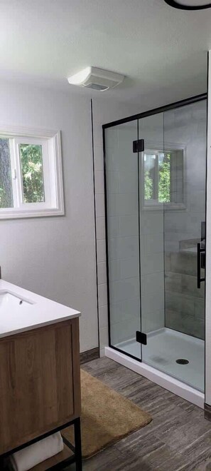 Combined shower/tub, hair dryer, towels, soap